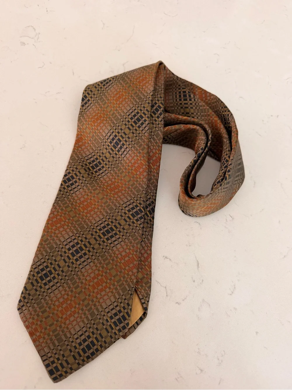 Yves Saint Laurent Brown and Orange Geometric Silk Tie